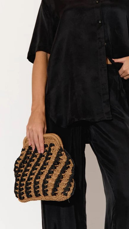 Eadie Crochet Weave Framed Clutch - Black / Natural