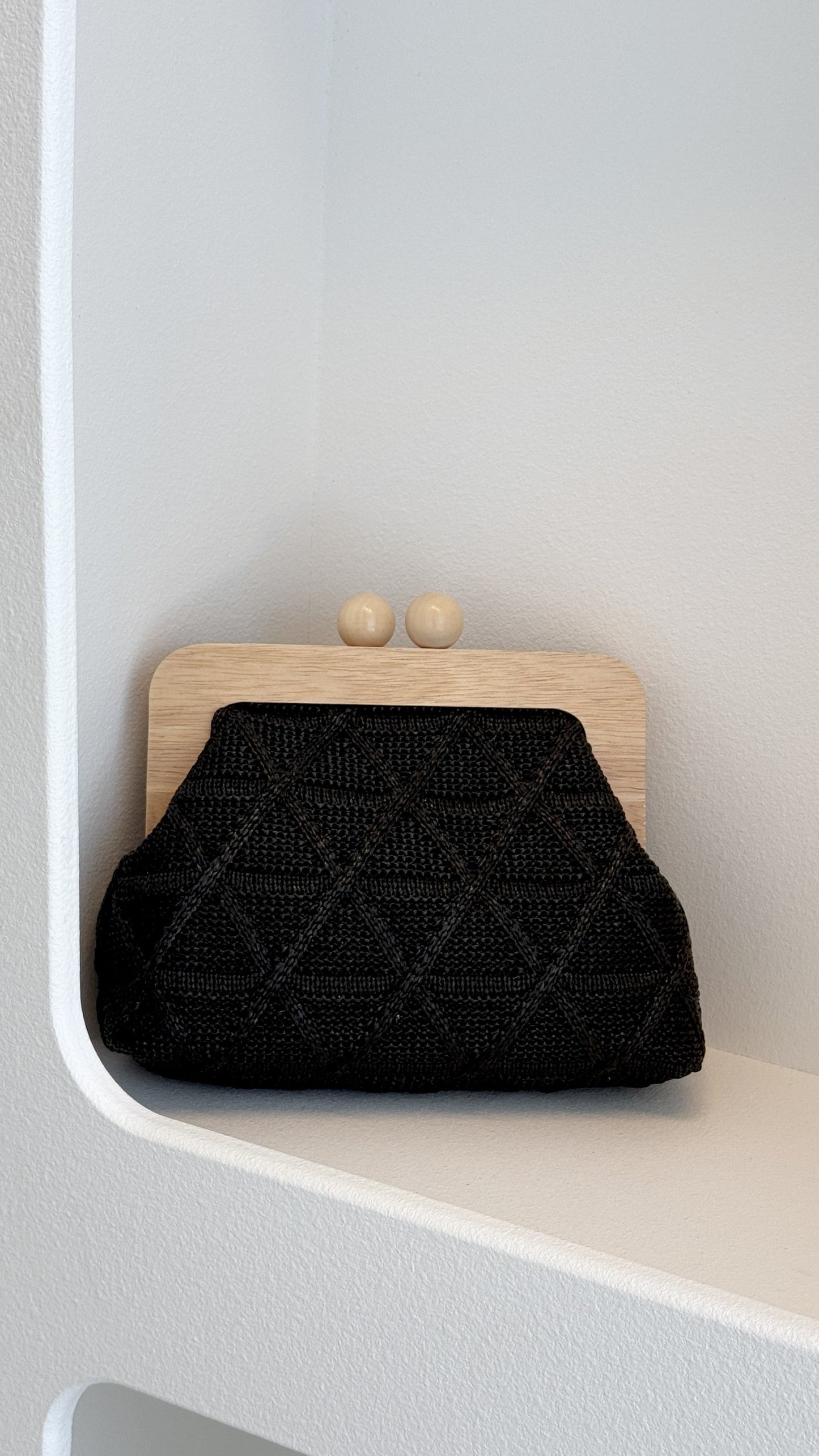 Tara Diamond Weave Timber Clutch - Black