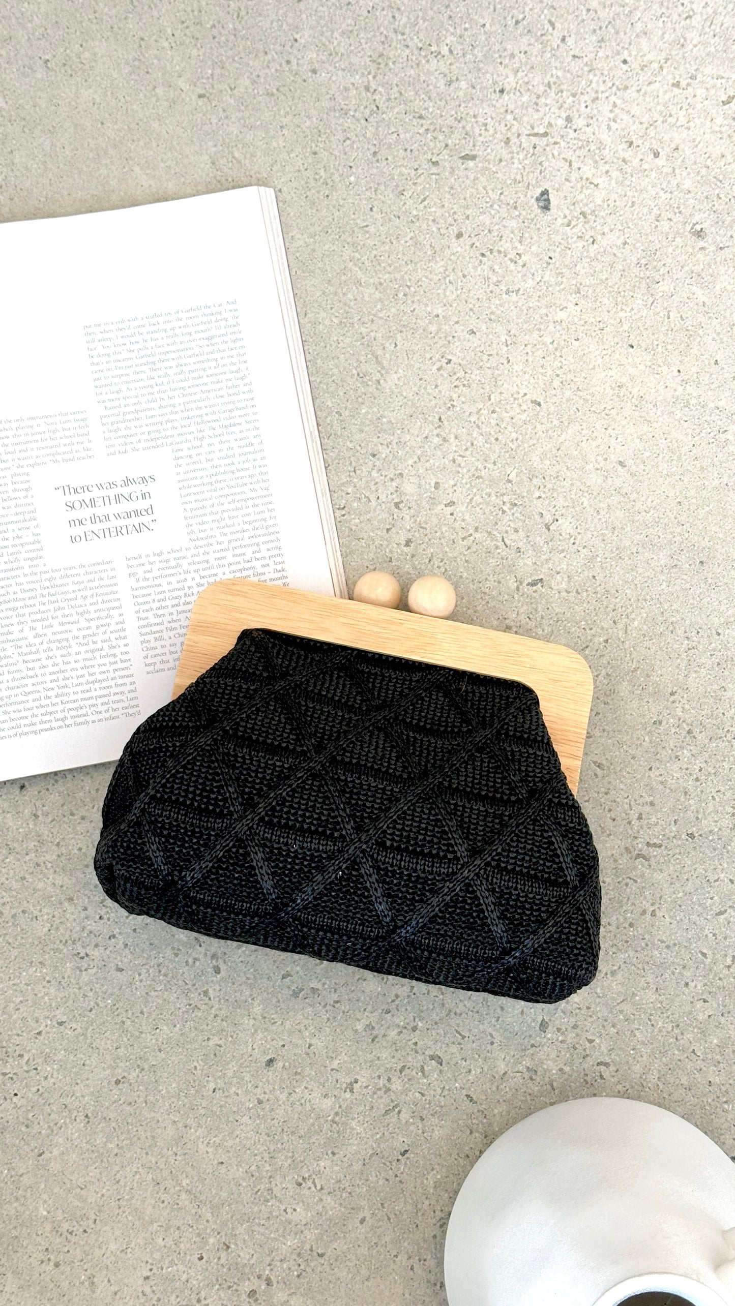 Tara Diamond Weave Timber Clutch - Black